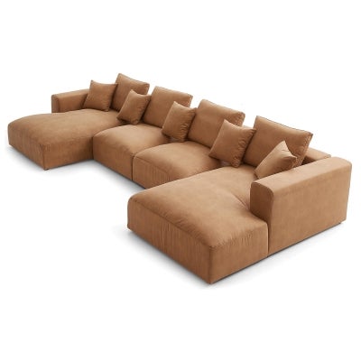 Sleekon Modern Fabric Modular U-shape Sofa, 4 Seater with Double Chaise, Camel
