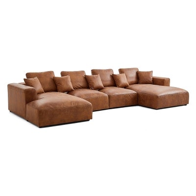 Sleekon Modern Fabric Modular U-shape Sofa, 4 Seater with Double Chaise, Tan