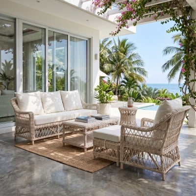 Nassau Rattan Armchair, White Wash / Oatmeal