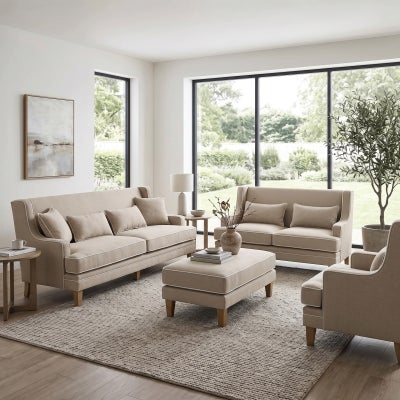 Bondi Fabric Armchair, Beige with White Piping