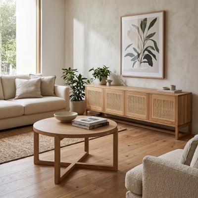 Collaroy American Oak Timber 4 Door TV Unit, Rattan Door, 200cm, Natural