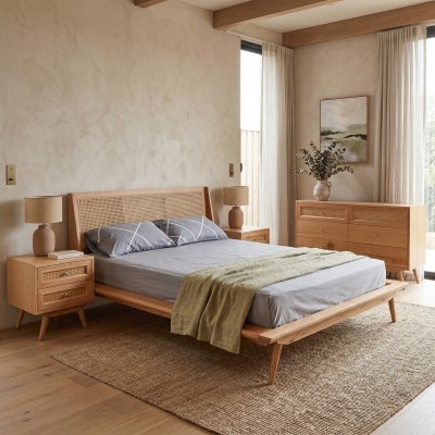Norma Tasmanian Oak & Rattan Platform Bed, King