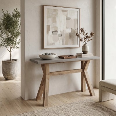 Paxton Concrete & Acacia Timber Trestle Console Table, 130cm, Grey Top