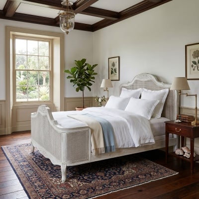 Rocad Oak Timber & Rattan French Sleigh Bed, Queen, Distressed Antique White