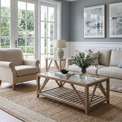 Bennett Glass Top Oak Timber Coffee Table, 120cm, Weathered Oak
