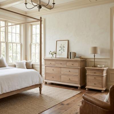 Frances Oak Timber 7 Drawer Dresser, Lime Washed Oak