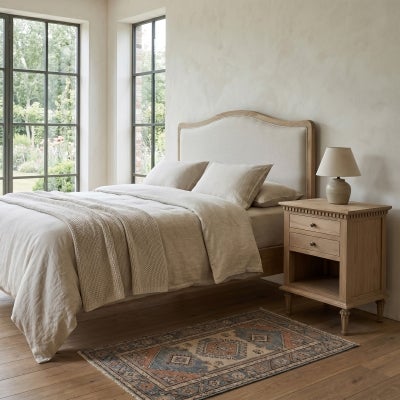 Maison Linen & Oak Timber Bed Headboard, King, Weathered Oak / Oatmeal