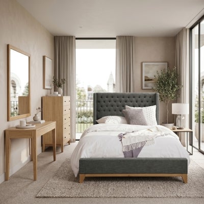 Calmor Fabric Bed with Tufted Bedhead, Double, Storm