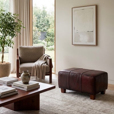 Rhyno Leather Upholstered Mahogany Timber Ottoman - Small