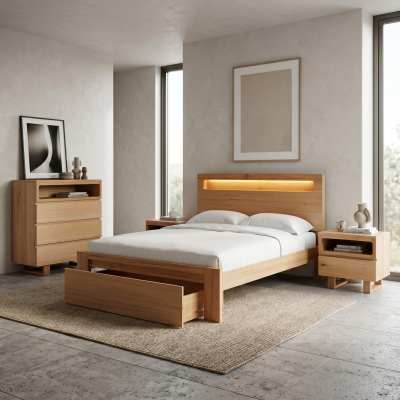 Gilmore Tasmanian Oak Timber Nightlite Bed with End Drawer, Queen
