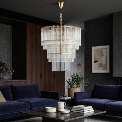 Zara Glass Tube Droplet Pendant Light, 3 Tier Round, Brass
