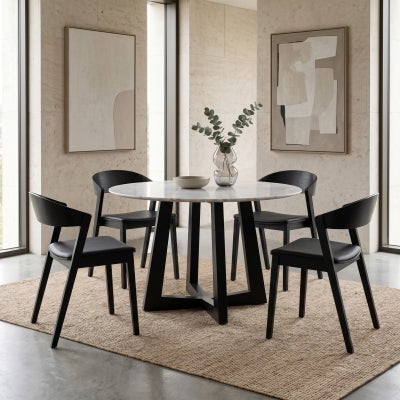 Sloan Commercial Grade Marble Top Round Dining Table, 150cm, White / Black