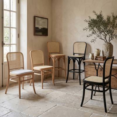 Aubres Commercial Grade Beech Timber & Rattan Dining Chair, Rattan Seat, Natural