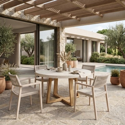 Eterrazzo Engineered Stone & Acacia Timber Round Dining Table, 120cm, Ivory Coast / White Wash