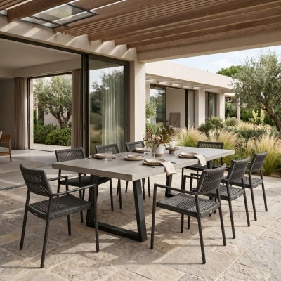 Sierra Engineered Stone & Iron Dining Table, 240cm, Pebble Grey / Black