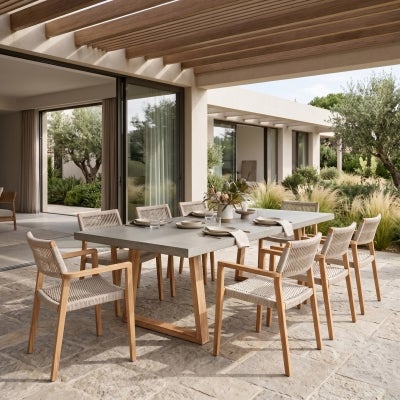 Sierra Engineered Stone & Acacia Timber Dining Table, 300cm, Pebble Grey / Light Honey