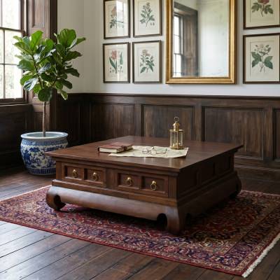 Quon Mei Mahogany Timber 4 Drawer Opium Square Coffee Table, 100cm, Mahogany