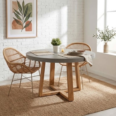 Alta Engineered Stone & Acacia Timber Round Dining Table, 120cm, Pebble Grey / Light Honey