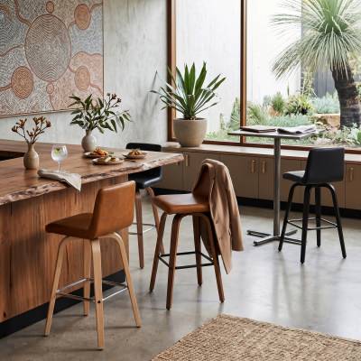 Matera Faux Leather & Bentwood Swivel Counter Stool, Tan / Walnut