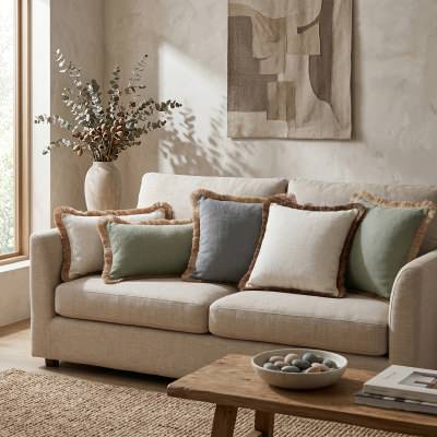 Farra Fringed Linen Lumbar Cushion, Sage
