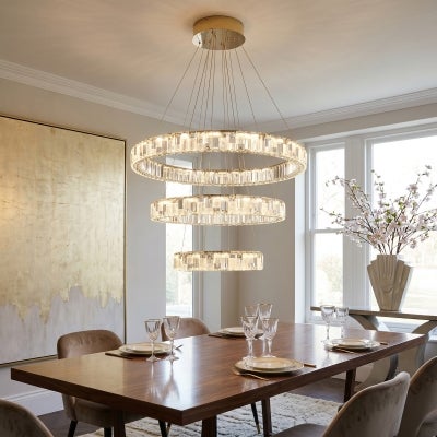 Rias Crystal Glass & Stainless Steel Dimmable LED 3 Tier Pendant Light, CCT, Gold