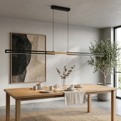 Thorin Iron & Wood LED Linear Pendant Light, 180cm, CCT, Black