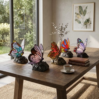 Fiesta Tiffany Style Stained Glass Butterfly Table Lamp, Lavender Mosaic