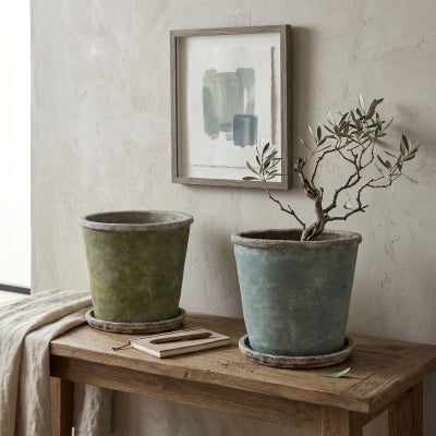 Moai Cement Planter Pot with Saucer, Large, Evergreen