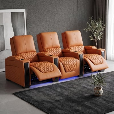 Alexandra Leather Electric Home Theatre Recliner Sofa, 3 Seater, Tangerine