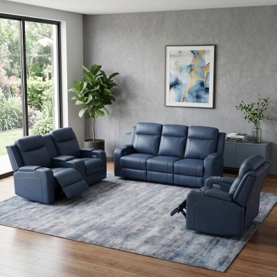 Arnoir Top Grain Leather Electric Recliner Sofa, 3 Seater, Blue