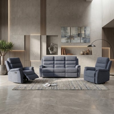 Reno Suede Fabric Recliner Sofa, 3 Seater, Steel Blue