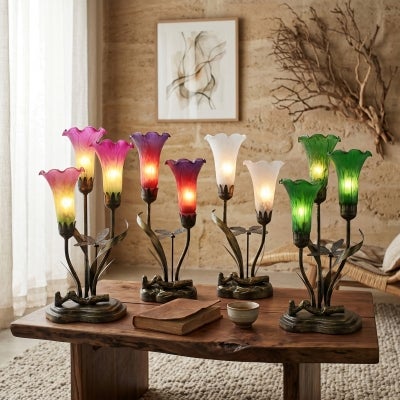 Lochlyn Tiffany Style Stained Glass Lily Table Lamp, Triple Shade, Green