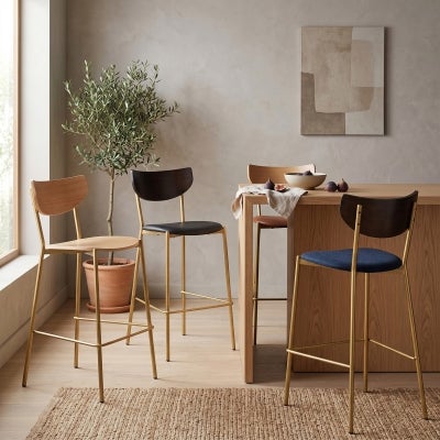 Marco Commercial Grade Stainless Steel Bar Stool, Gravity Fabric Seat, Black / Brass / Navy