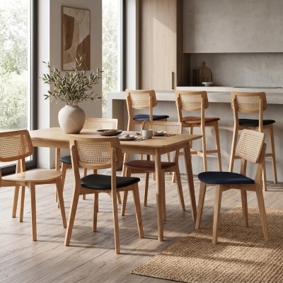 Phoenix Commercial Grade Timber Dining Chair, Rattan Back & Vinyl Seat, Natural / Tan