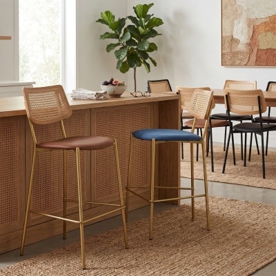 Texas Commercial Grade Stainless Steel Bar Stool, Rattan Back & Gravity Fabric Seat, Natural / Brass / Navy