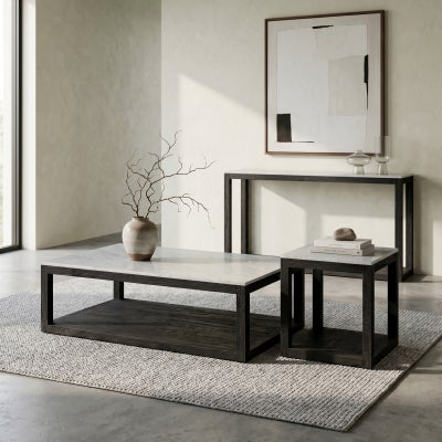 Denver Aveyron Marble Topped Oak Timber Side Table, Black