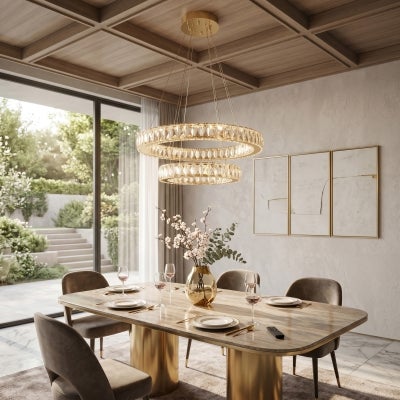 Aaron Crystal Glass Dimmable LED Ring Pendant Light with Remote, 2-Tier, CCT, Gold