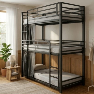 Tubeco Australian Made Commercial Grade Metal Triple Bunk Bed, Single, Matt Black