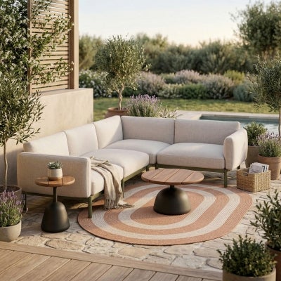 Shira Acacia Timber & Cement Outdoor Round Side Table, 43cm, Walnut / Black