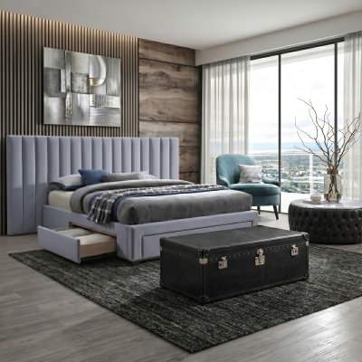 Miami Velvet Fabric Platform Bed with Extended Headboard & End Drawers, King, Grey