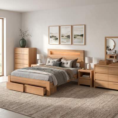 Amora Messmate Timber Bed with LED Light, USB Port & End Drawers, Queen