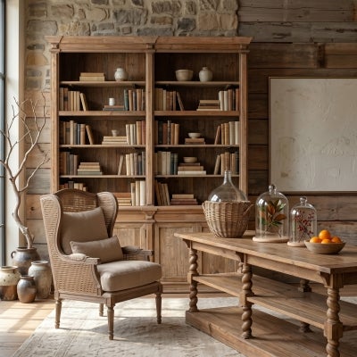 Commons Cain Oak Timber & Rattan Wing Back Armchair