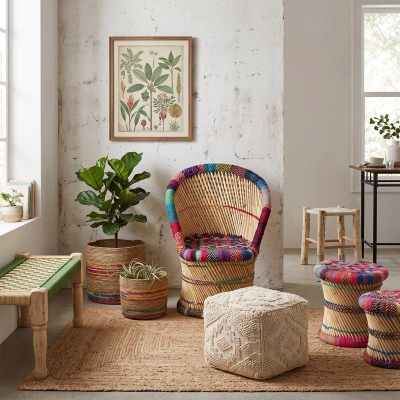 Chiora 2 Piece Woven Cotton & Rattan Accent Stool / Side Table Set