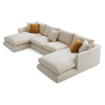 Effton Fabric Modular U-shape Sofa, 4 Seater with Double Chaise, Beige