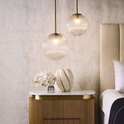 Baden Fluted Glass Ball Pendant Light, Medium, Antique Brass