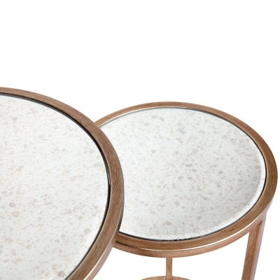 Serene 2 Piece Mirror & Iron Round Nesting Side Table Set, Antique Gold
