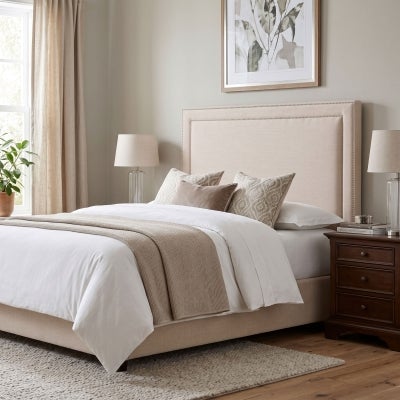 Manhattan Studded Fabric Bed Headboard, King, Fawn