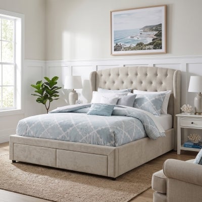 Lara Fabric Platform Bed with End Drawers, Queen, Champagne