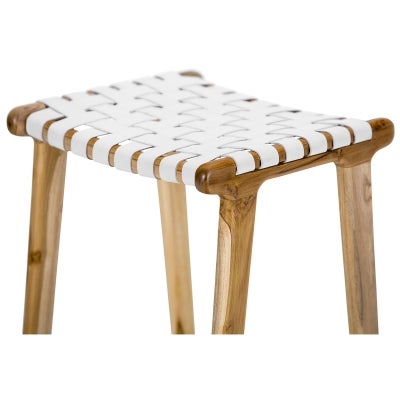 Lazie Woven Leather & Teak Timber Counter Stool, White / Natural