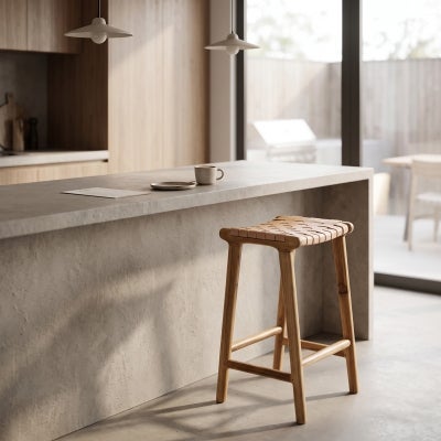 Lazie Woven Leather & Teak Timber Counter Stool, Tan / Natural